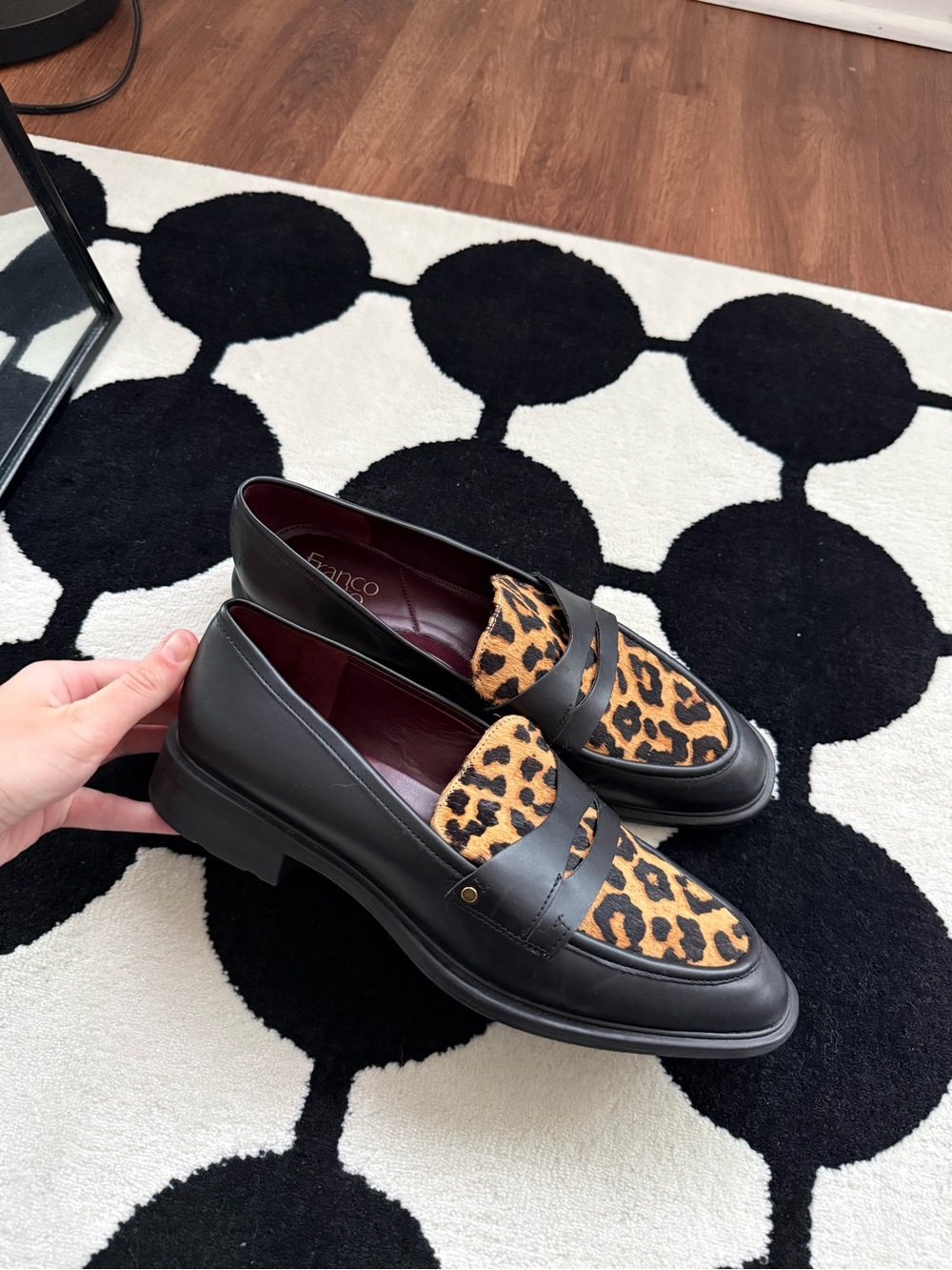 Black Leather Loafers with Leopard Print Panel
